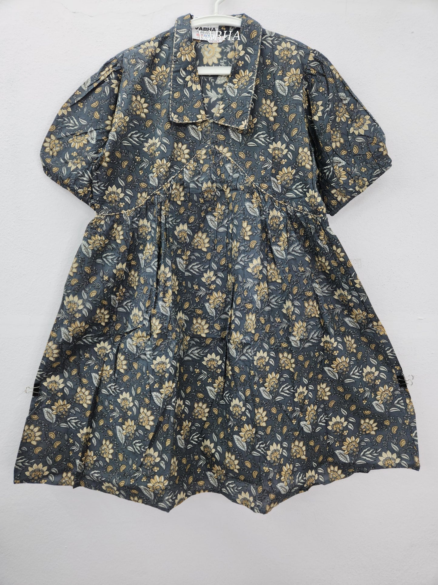 F62 Grey Cotton Collar Neck Floral Print Alia Cut Style Knee Length Frock