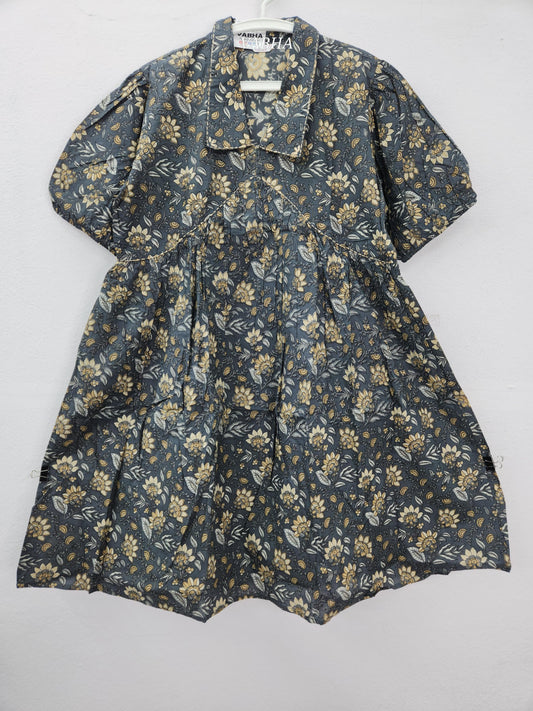 F62 Grey Cotton Collar Neck Floral Print Alia Cut Style Knee Length Frock