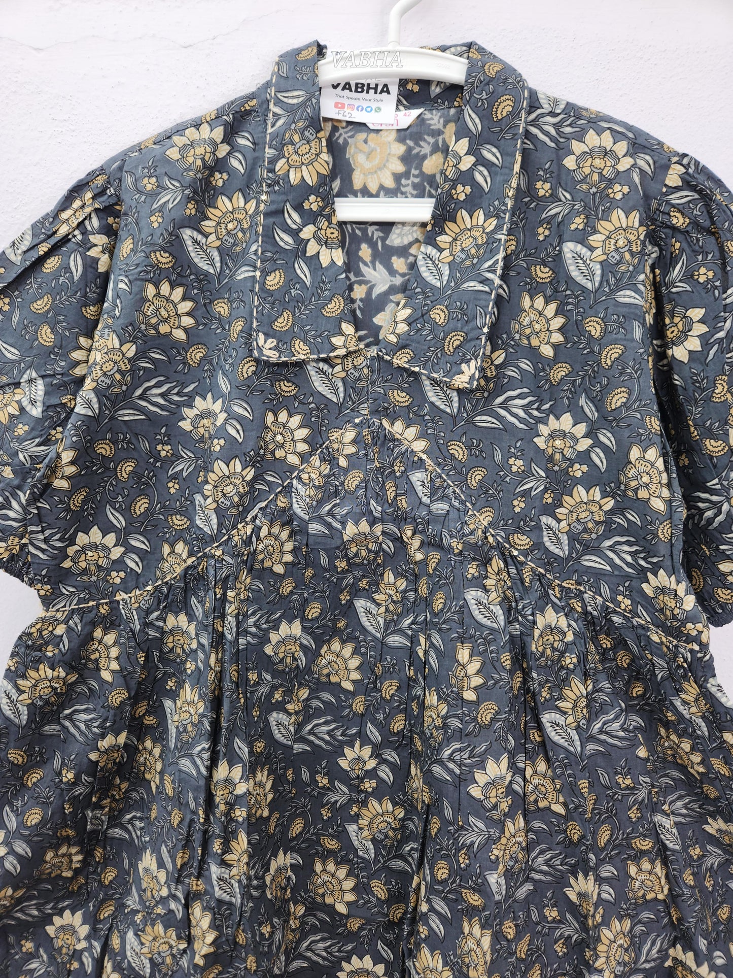 F62 Grey Cotton Collar Neck Floral Print Alia Cut Style Knee Length Frock