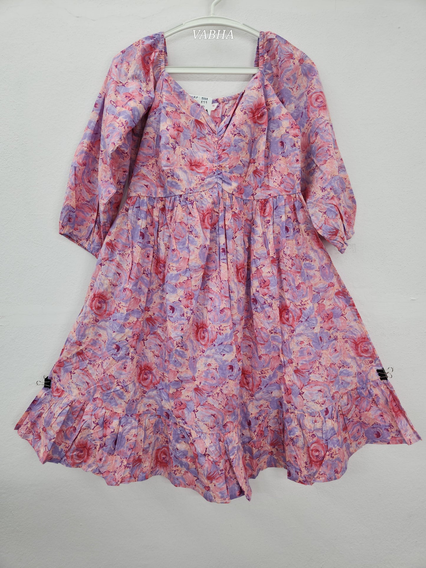 F63 Pink Cotton Star Neck With Elastic On Shoulder Floral Print Knee Length Frock