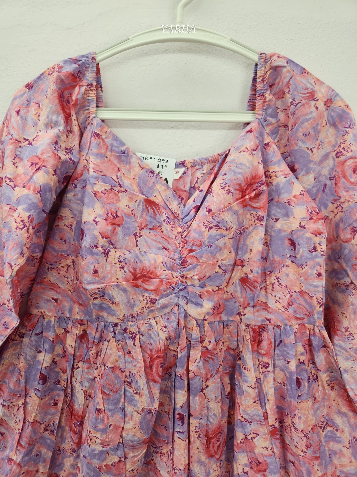 F63 Pink Cotton Star Neck With Elastic On Shoulder Floral Print Knee Length Frock
