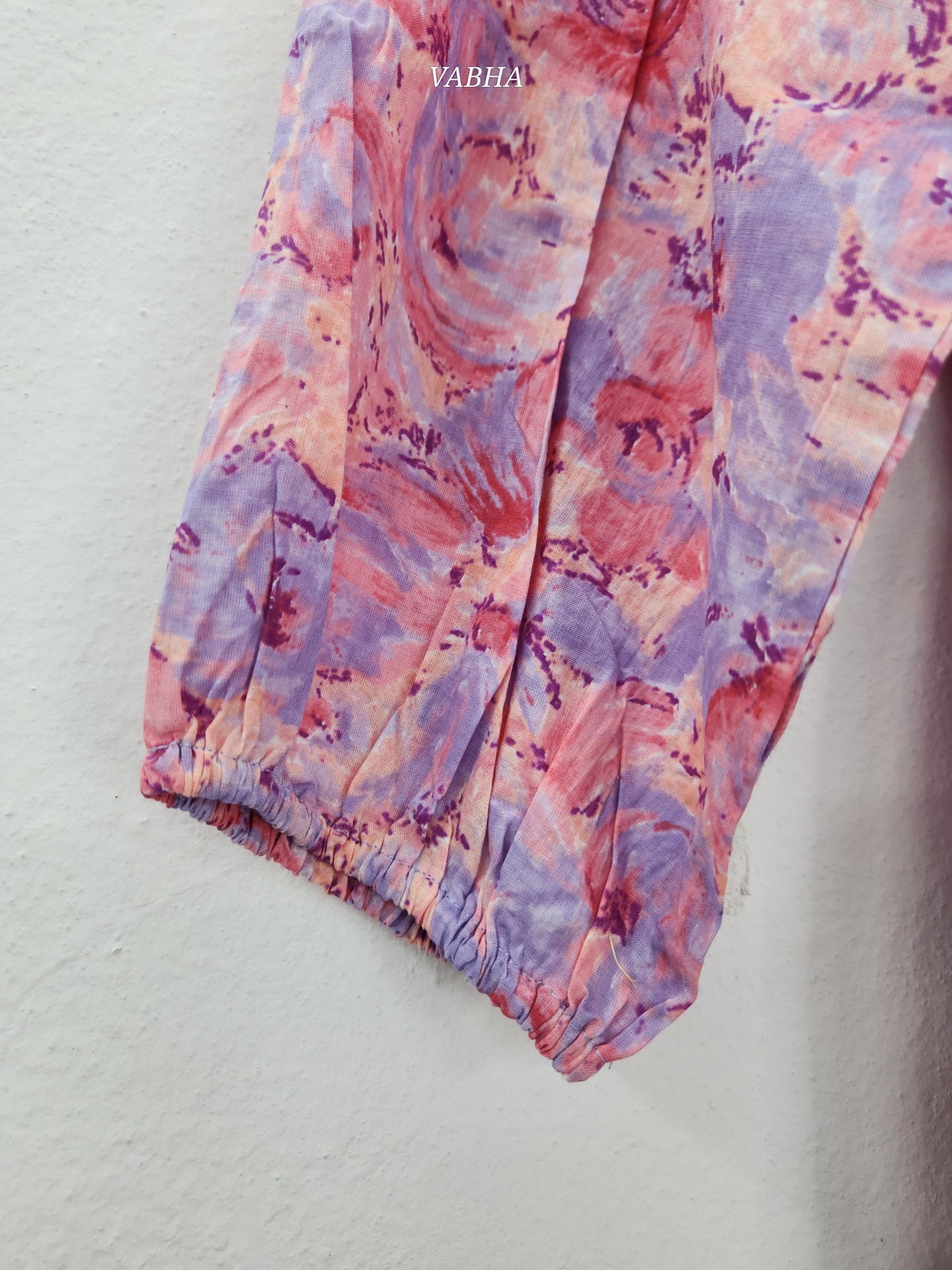 F63 Pink Cotton Star Neck With Elastic On Shoulder Floral Print Knee Length Frock