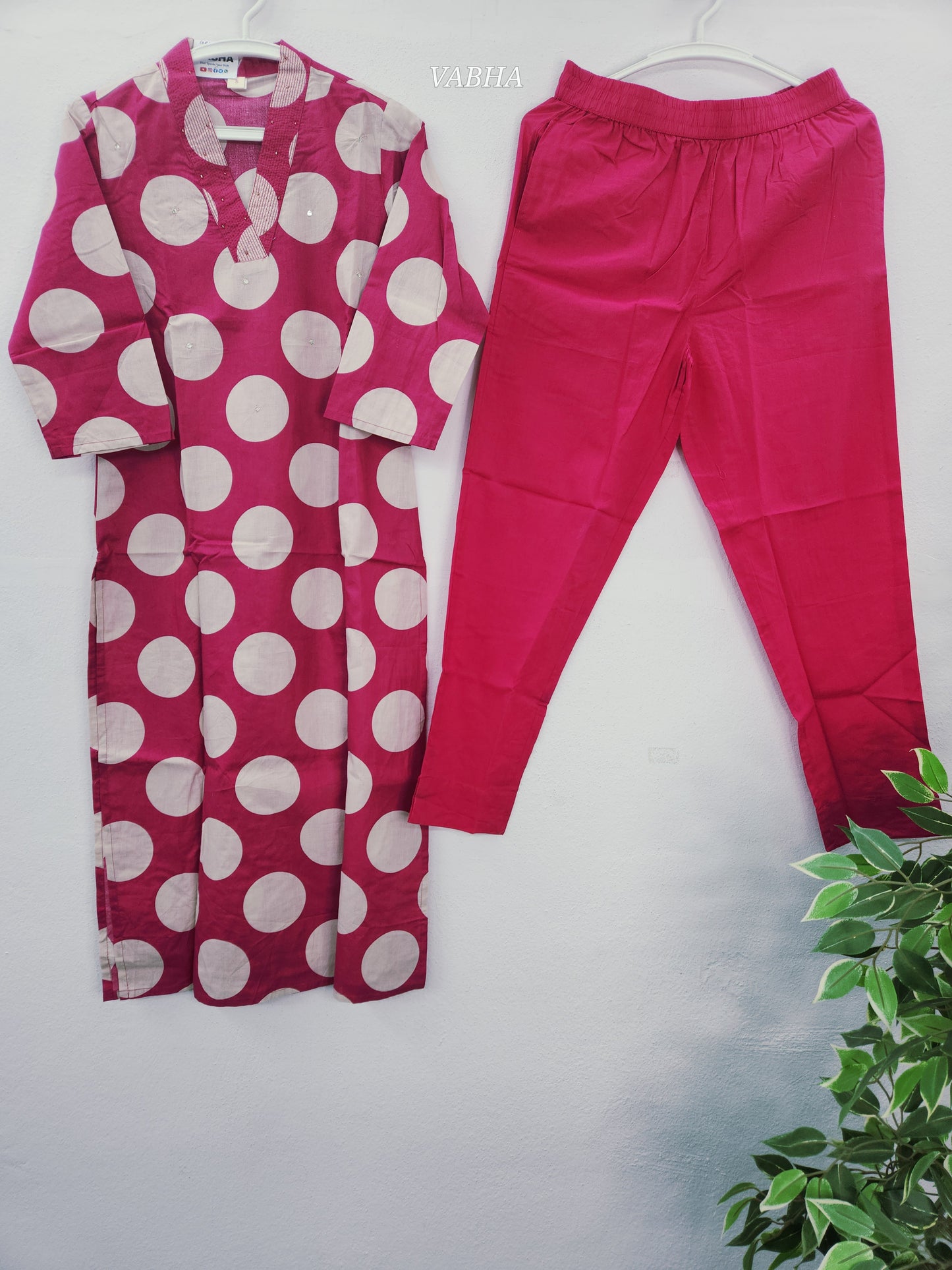 C65 Pink Polka Dots Cotton Full V Neck Straight Cut  Kurthi Pant