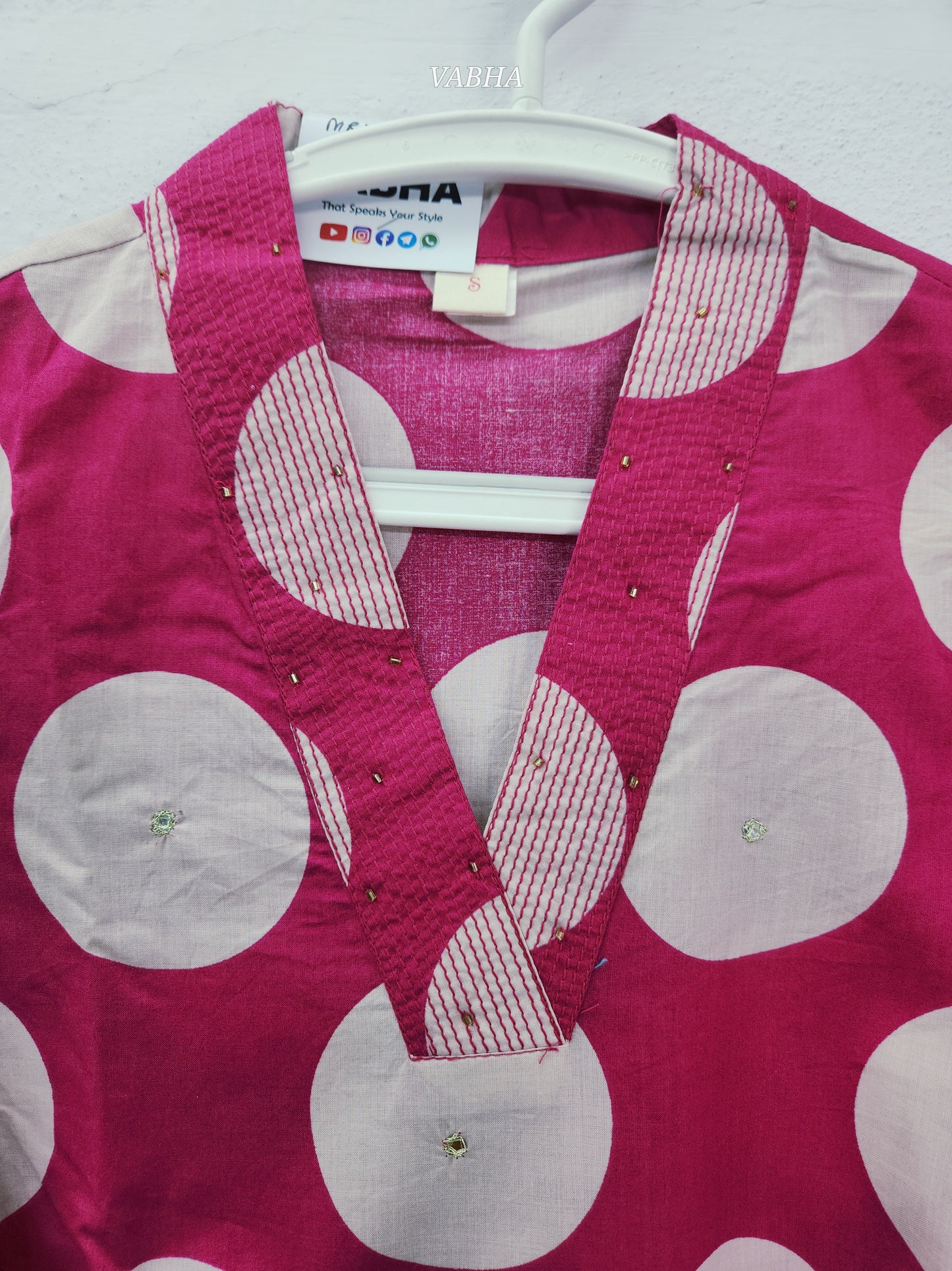 C65 Pink Polka Dots Cotton Full V Neck Straight Cut  Kurthi Pant