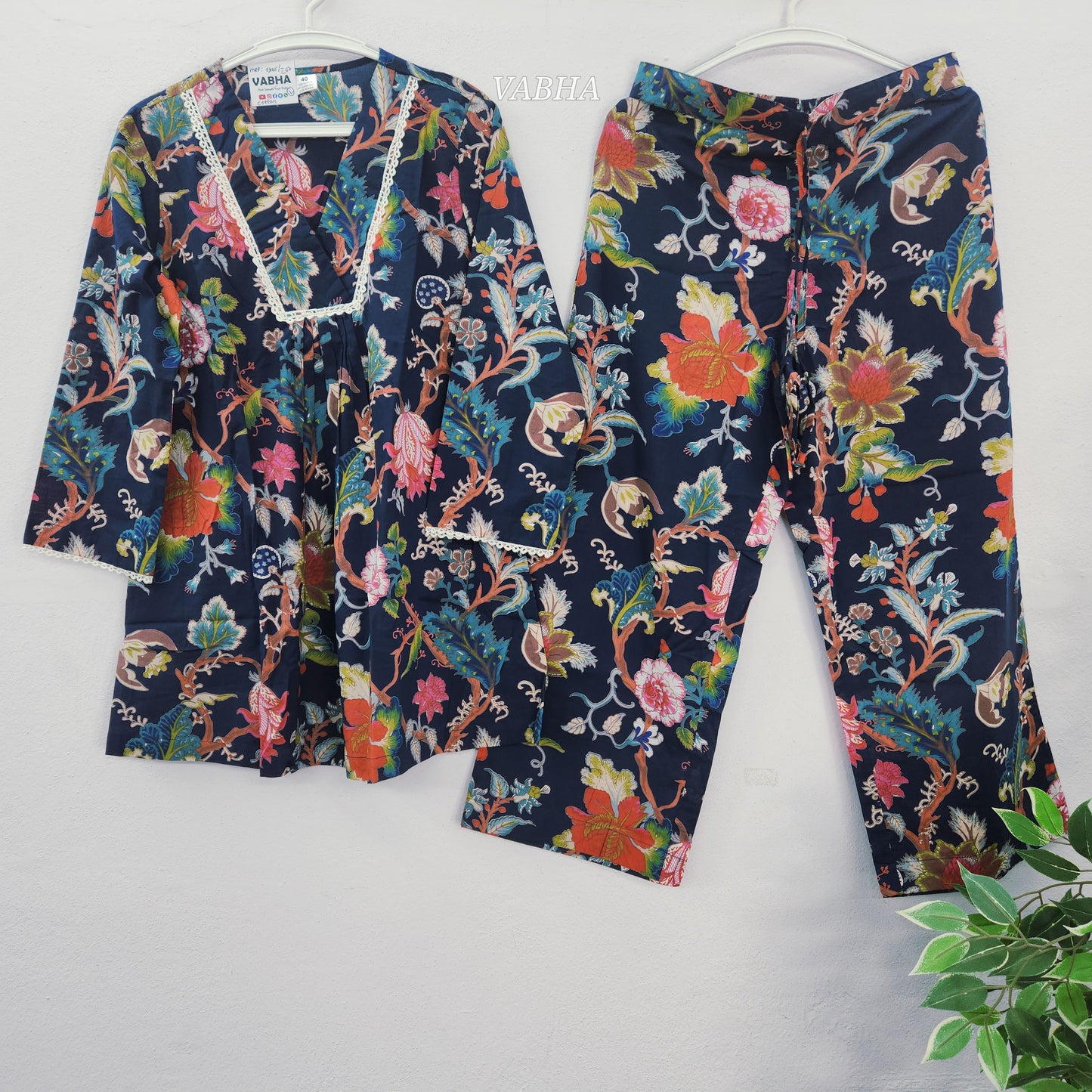C67 Navy Blue Cotton Full V Neck Floral Print  Short  Co-ord Set