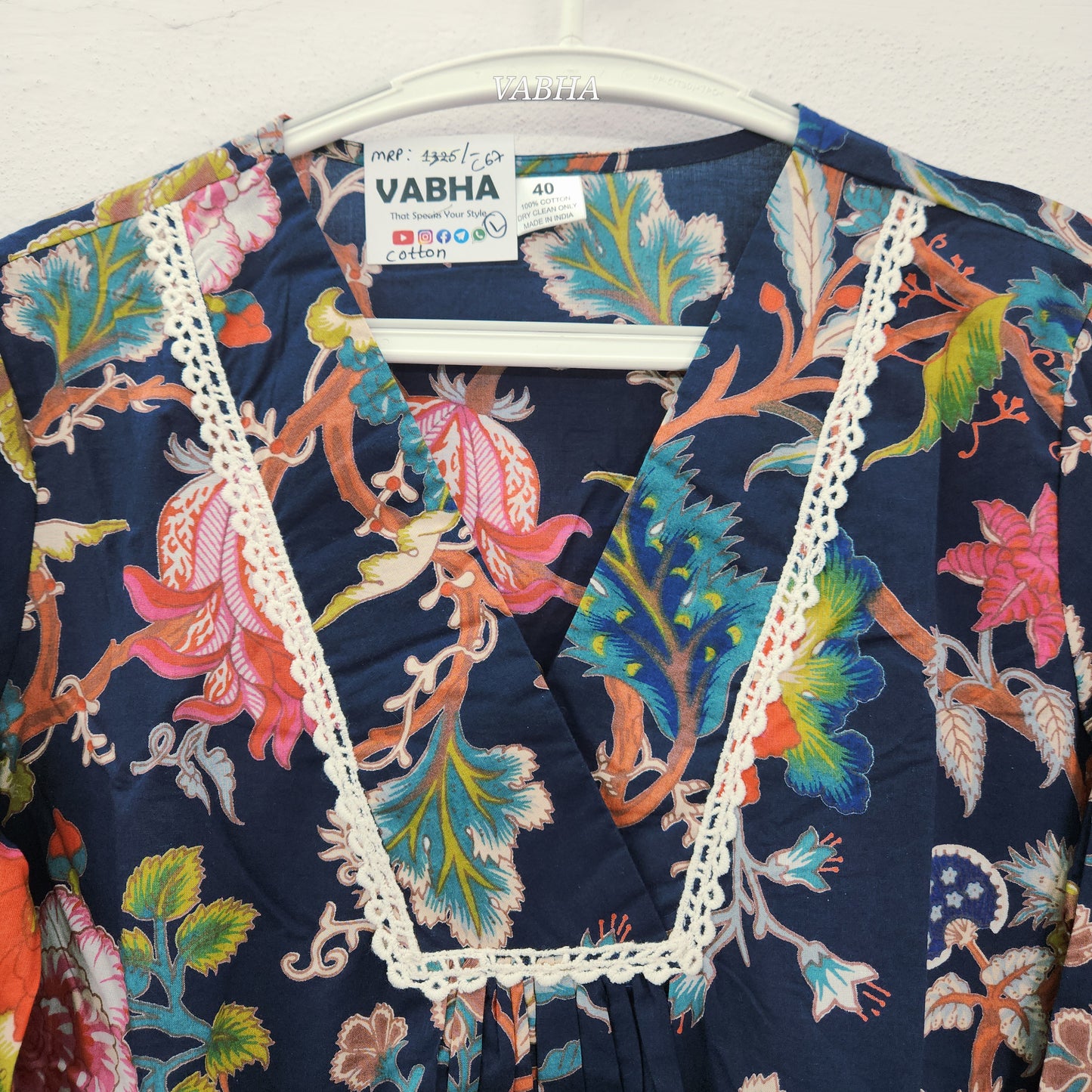 C67 Navy Blue Cotton Full V Neck Floral Print  Short  Co-ord Set