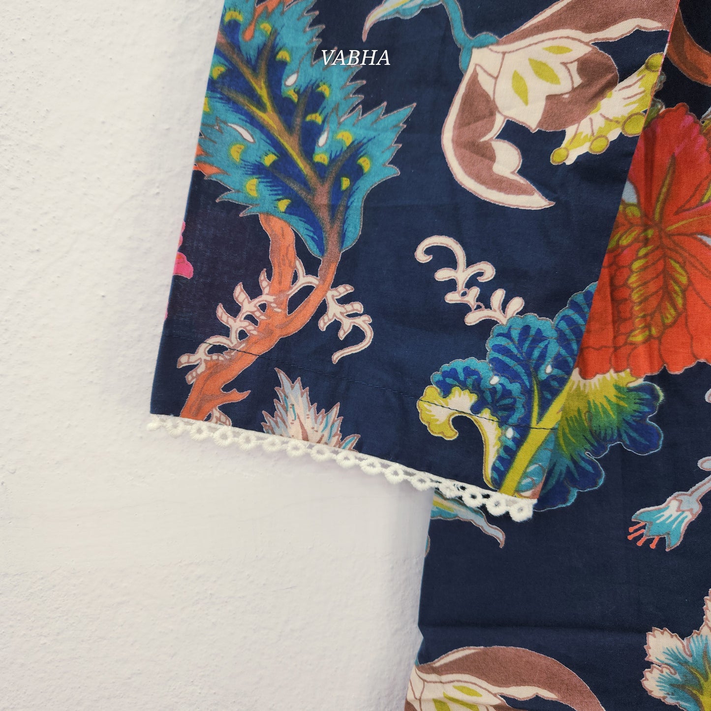 C67 Navy Blue Cotton Full V Neck Floral Print  Short  Co-ord Set