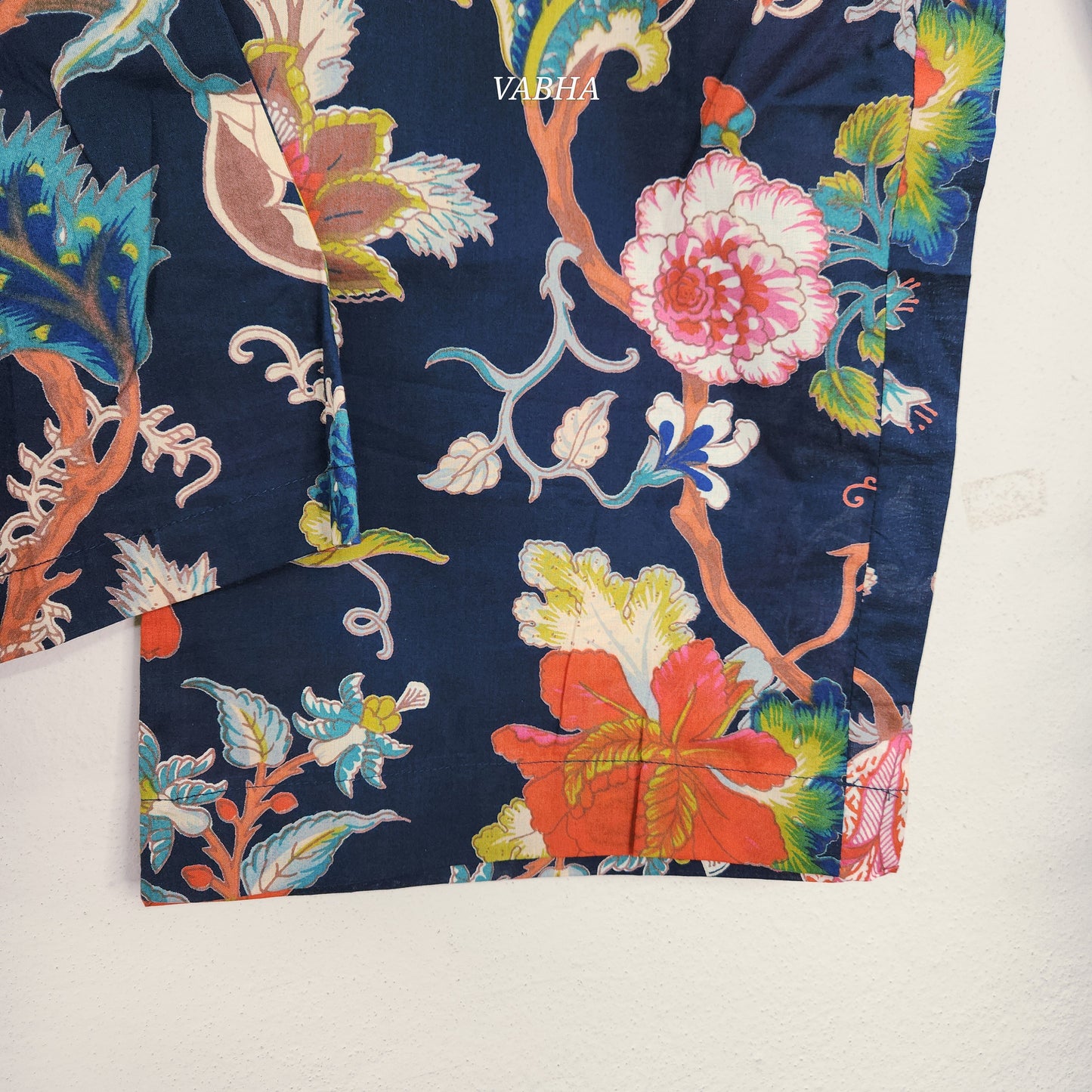 C67 Navy Blue Cotton Full V Neck Floral Print  Short  Co-ord Set