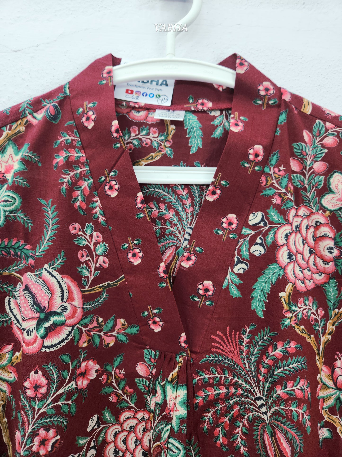 C68 Maroon Cotton Full V Neck Floral Print A-Line Kurthi Pant Co-ord Set