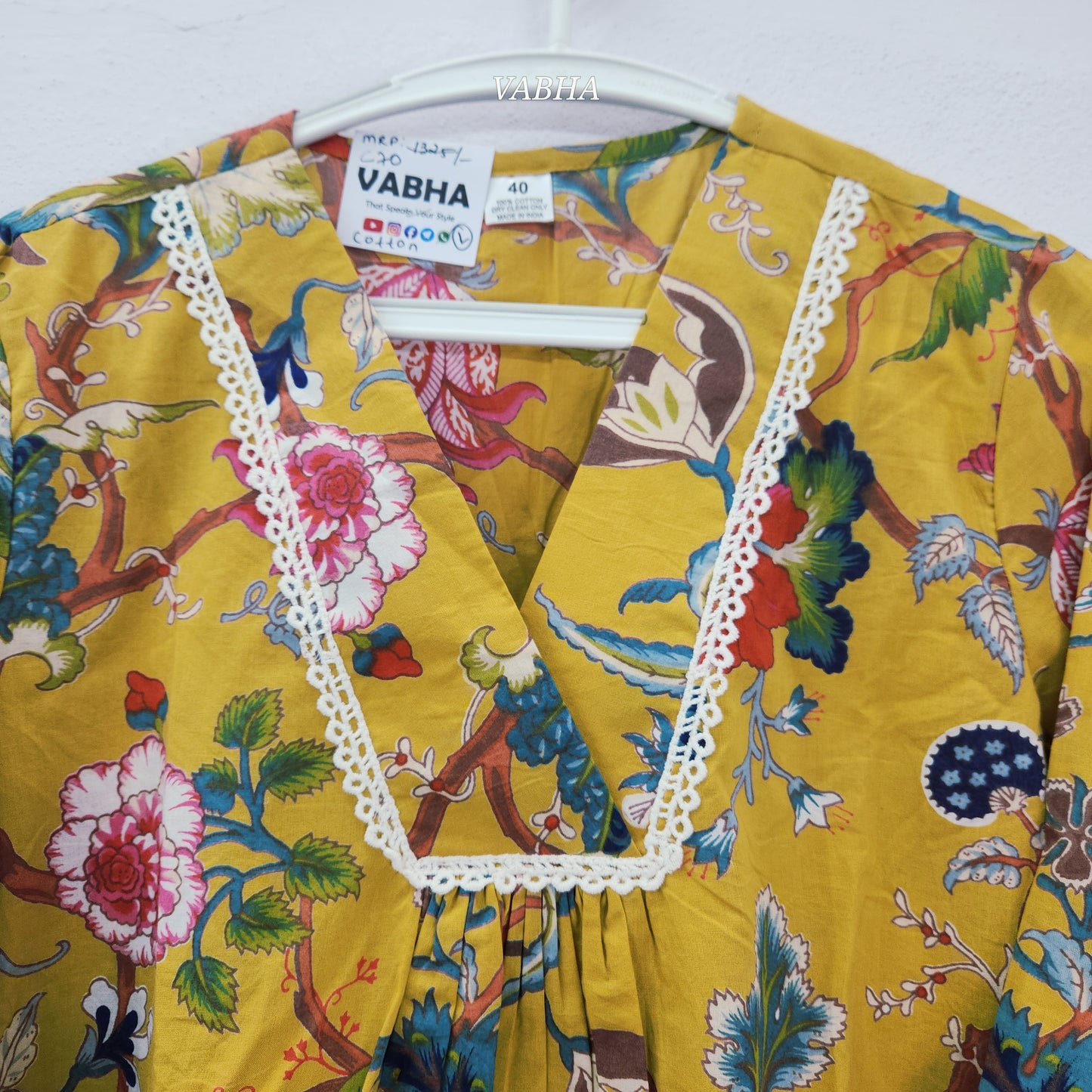 C70 Yellow Cotton V Neck With Floral Print Straight Cut Short Kurthi Pant Co-ord Set