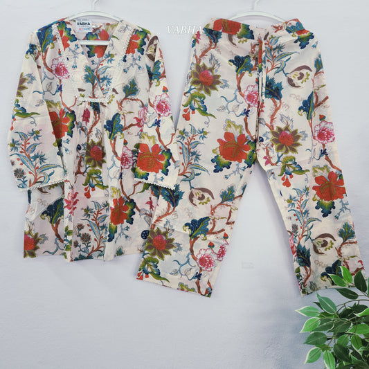 C71 Cream Cotton V Neck With Floral Print Straight Cut Short Kurthi Pant Co-ord Set