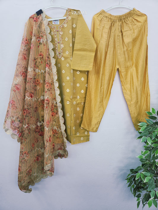 KPD236 Golden Yellow Chanderi Silk Round Neck With Embroidery With Lining Kurthi Pant Duppatta