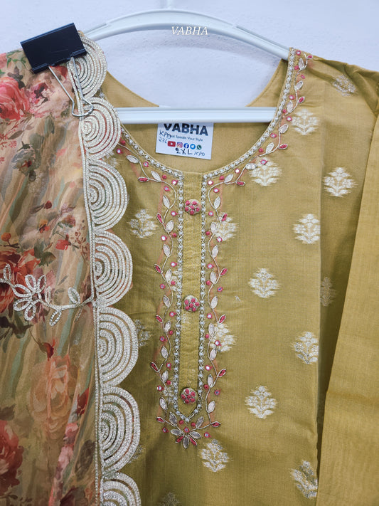 KPD236 Golden Yellow Chanderi Silk Round Neck With Embroidery With Lining Kurthi Pant Duppatta
