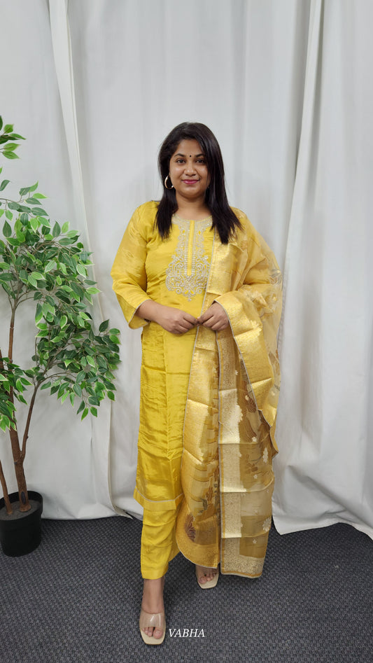 KPD01 Golden Yellow Tissue Kurti Pant Dupatta