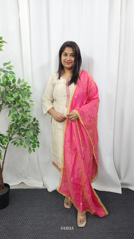 KPD11 Cream Pink Tissue Kurti Pant Dupatta