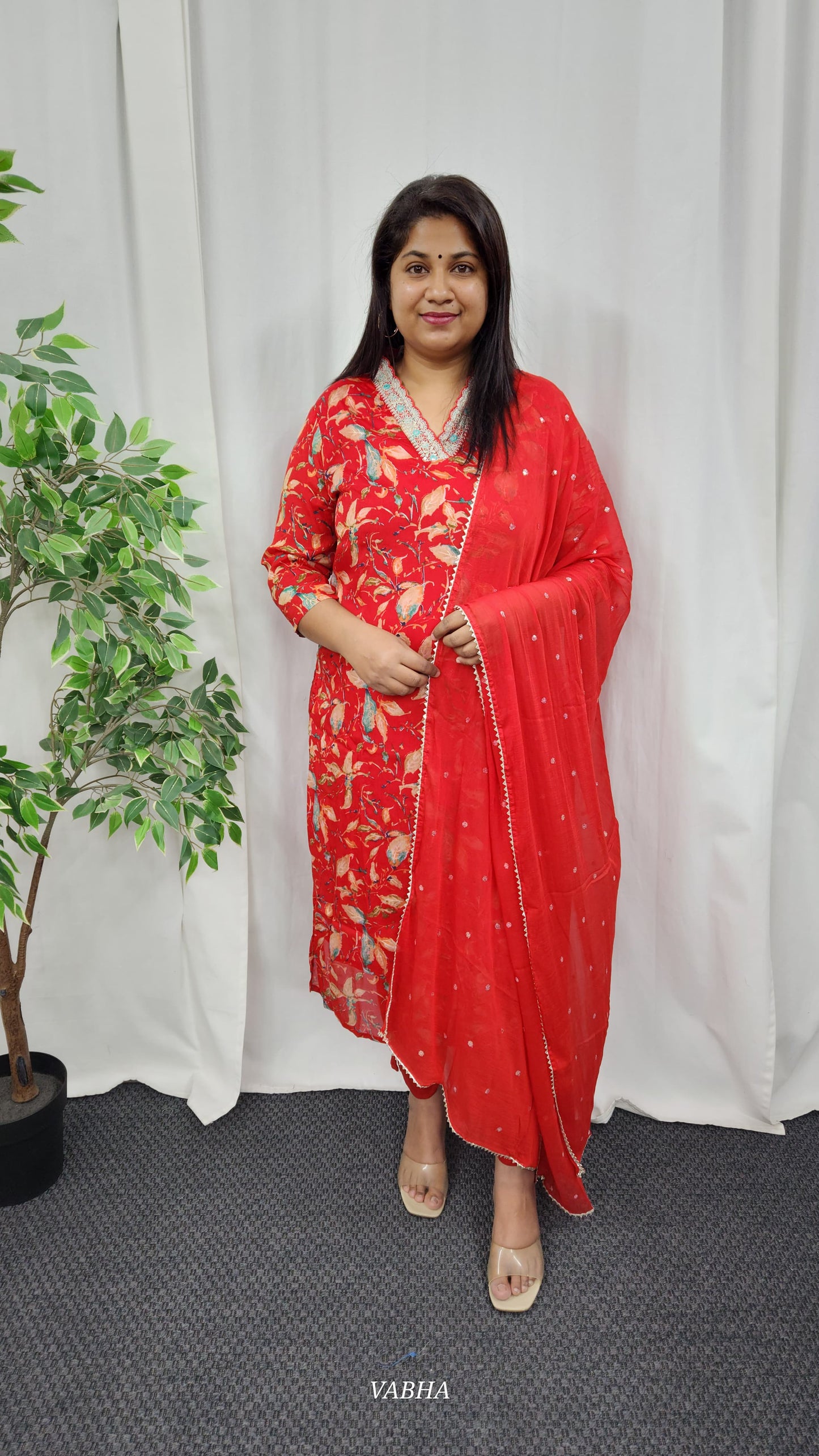 KPD14 Orange Chinon Kurti Pant Dupatta 3 Piece Set