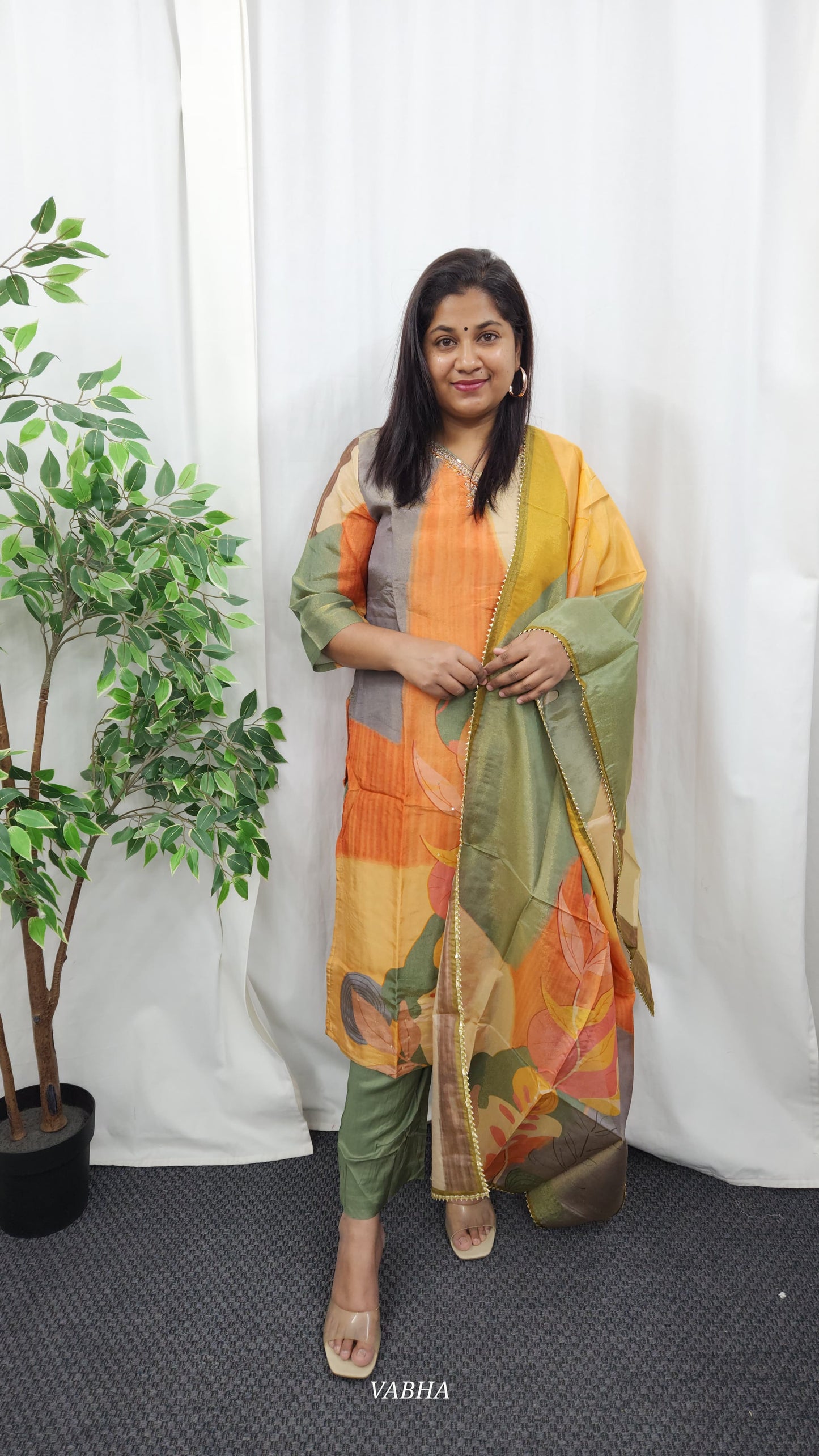 KPD16 Green Multi Colour Tissue Kurti Pant Dupatta 3 Piece Set