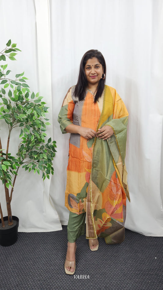 KPD16 Green Multi Colour Tissue Kurti Pant Dupatta 3 Piece Set