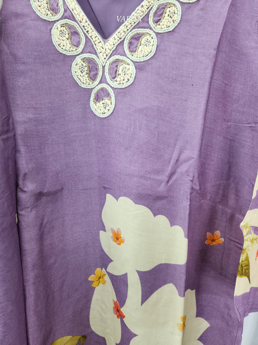 KPD110 Lavender Muslin With Digital Print Heavy Pearl And Sequence V Neck Kurti Pant Duppatta  Jio
