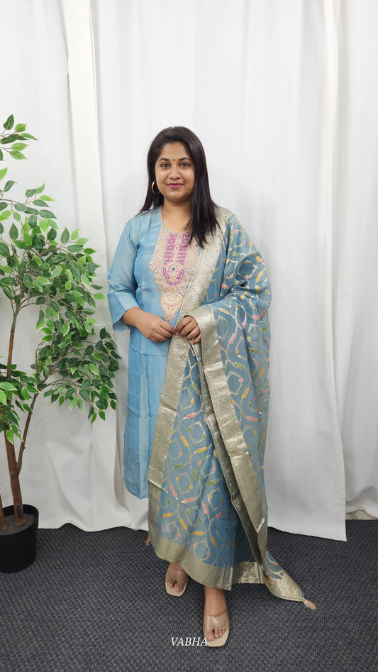 KPD13 Aqua Blue Tissue Kurti Pant Dupatta 3 Piece Set