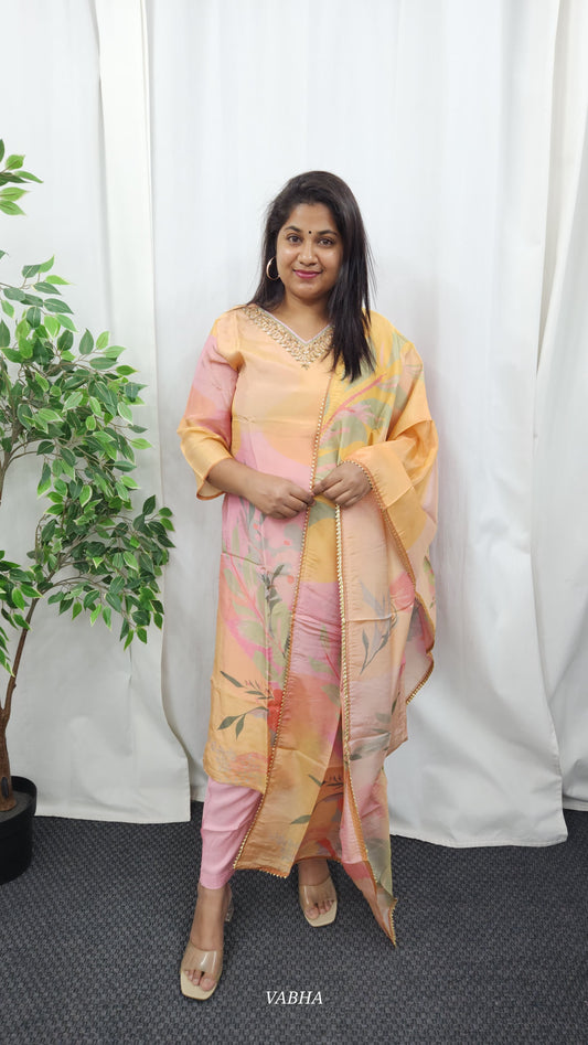KPD17 Pink Multi Colour Tissue Kurti Pant Dupatta 3 Piece Set