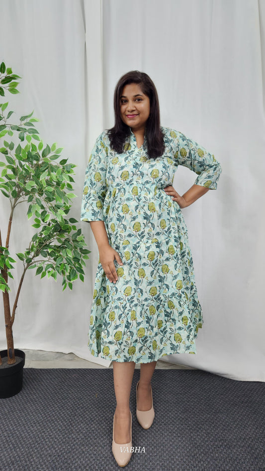 F05 Green Floral Cotton Frock