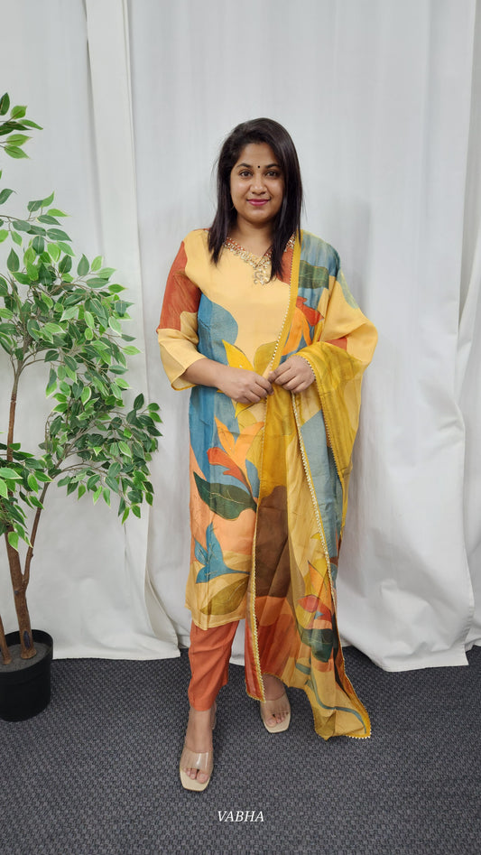 KPD18 Brown Multi Colour Tissue Kurti Pant Dupatta 3 Piece Set