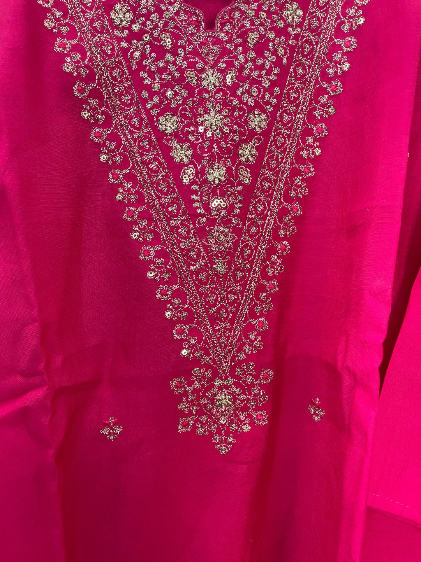 KPD100 Neon Pink Roman Silk Scalop V Neck Heavy Zari Embroidery Partywear Kurti Pant Duppatta
