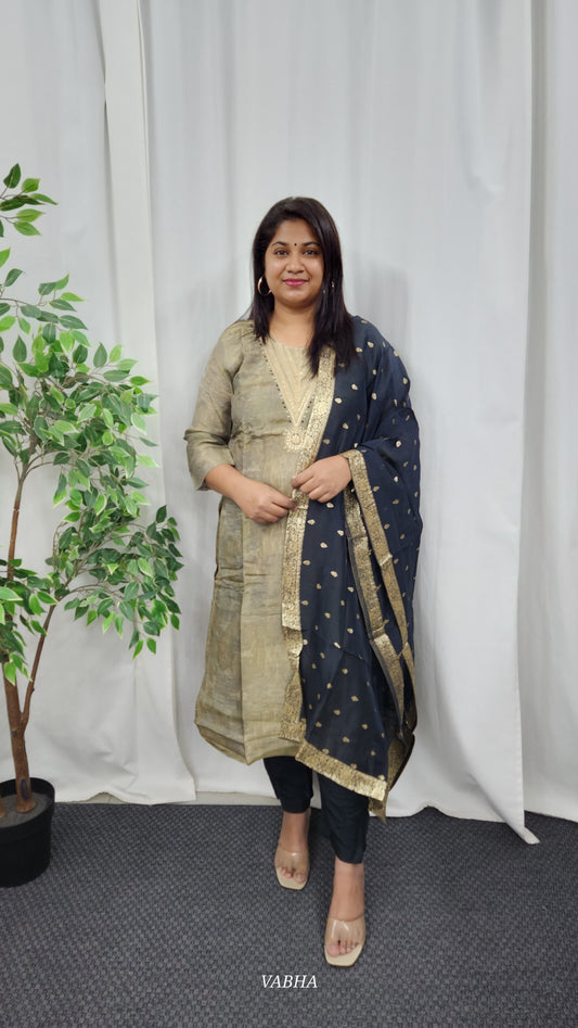 KPD10 Black Gold Tissue Kurti Pant Dupatta