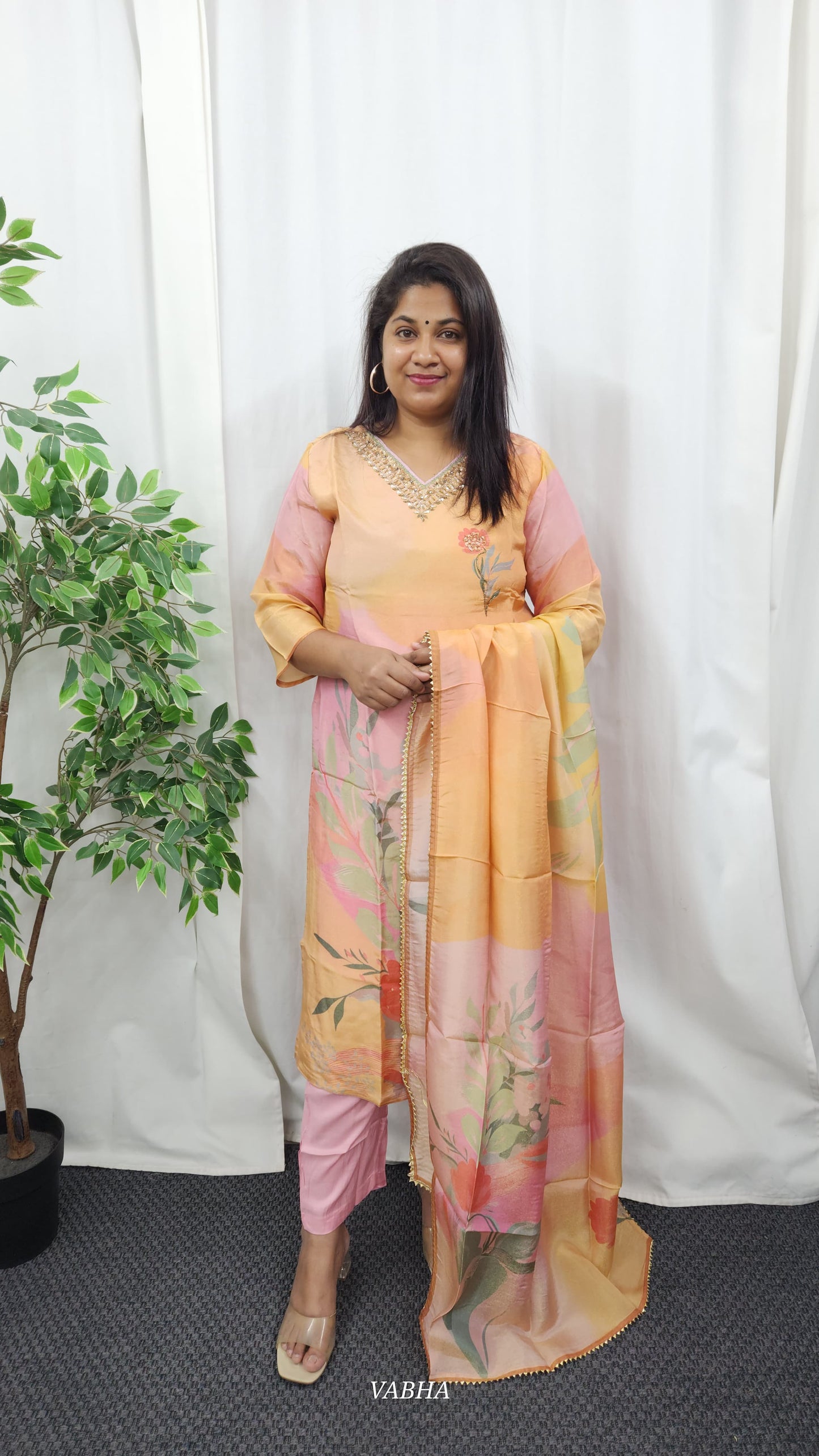 KPD17 Pink Multi Colour Tissue Kurti Pant Dupatta 3 Piece Set