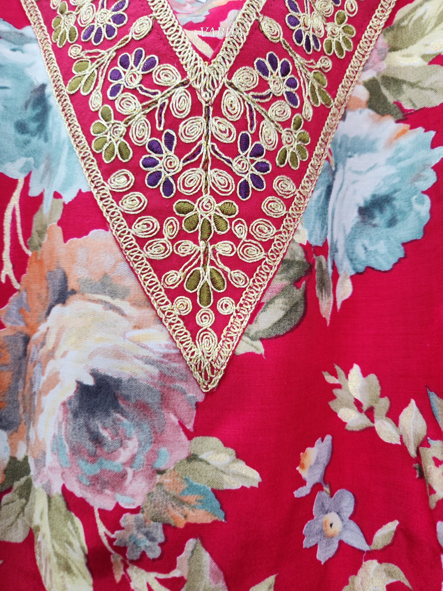 KPD117 Pink Modal Silk With V Neck Thread Embroidery Floral Print Straight Cut Kurti Pant Duppatta
