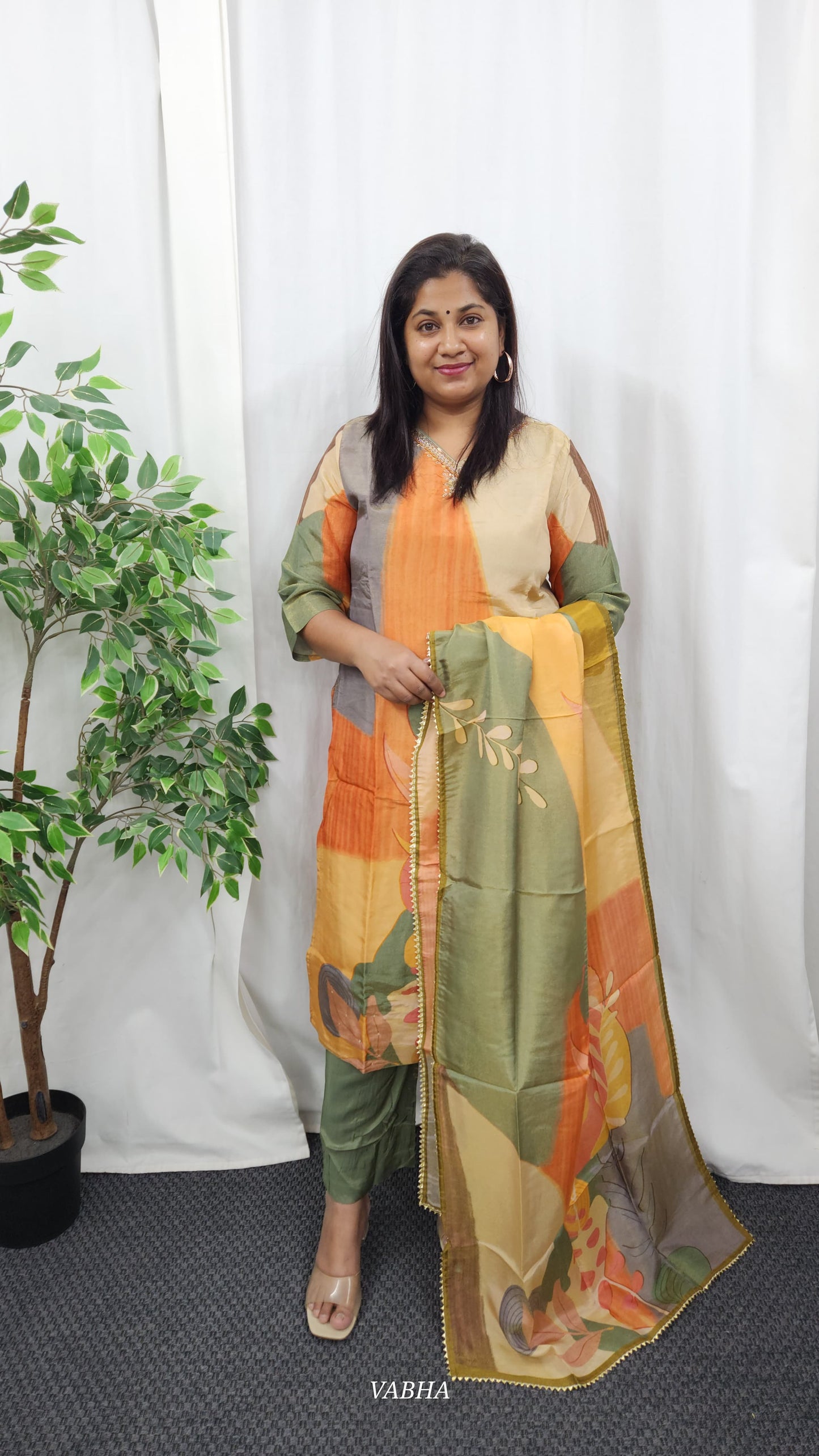 KPD16 Green Multi Colour Tissue Kurti Pant Dupatta 3 Piece Set