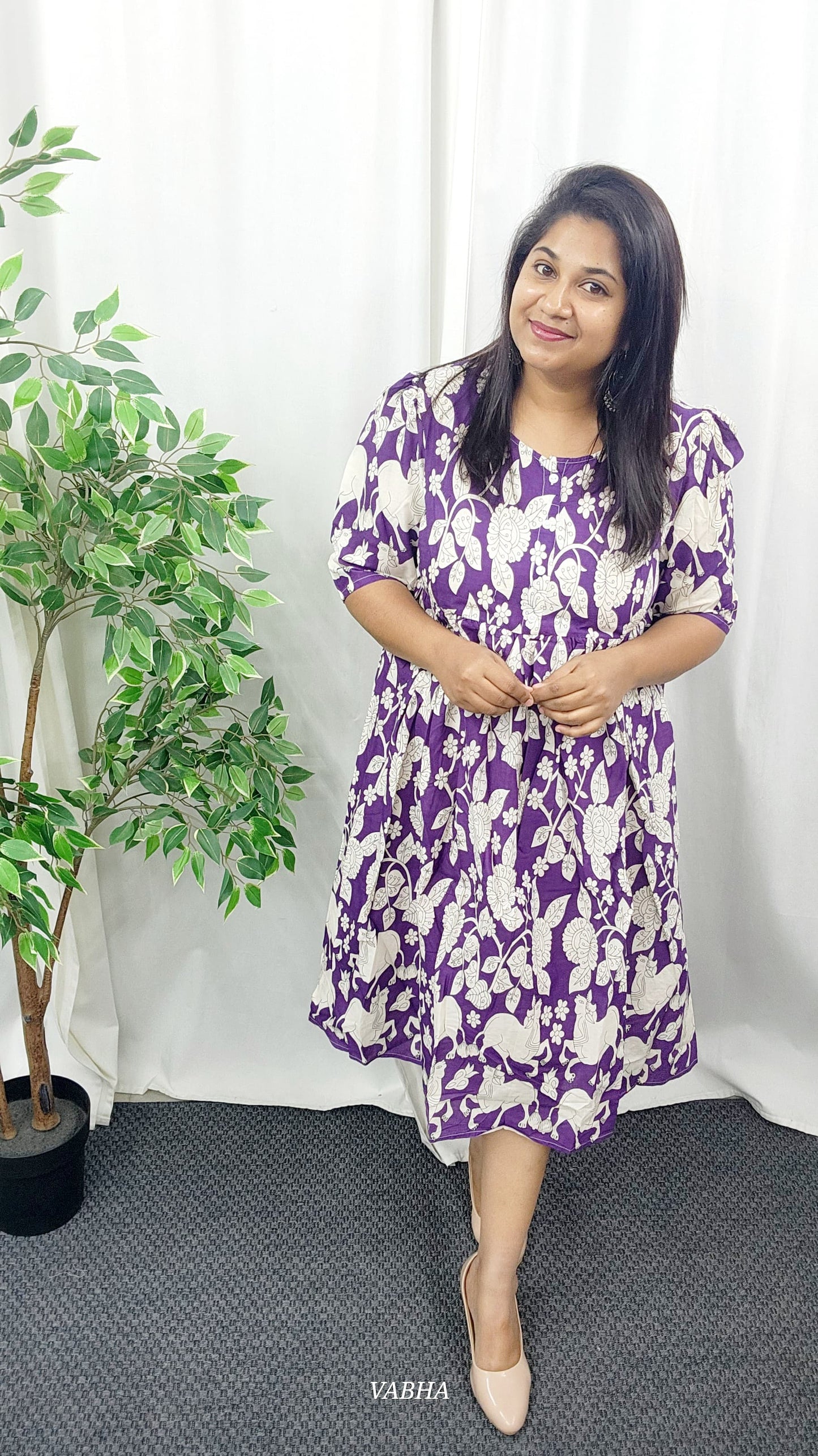 F08 Purple Kalamkari Print Cotton Frock