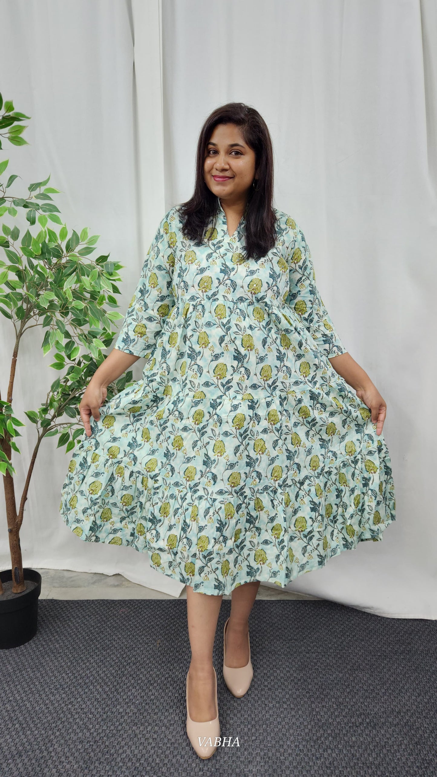 F05 Green Floral Cotton Frock