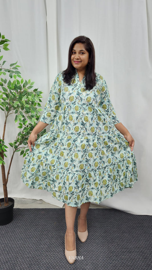 F05 Green Floral Cotton Frock