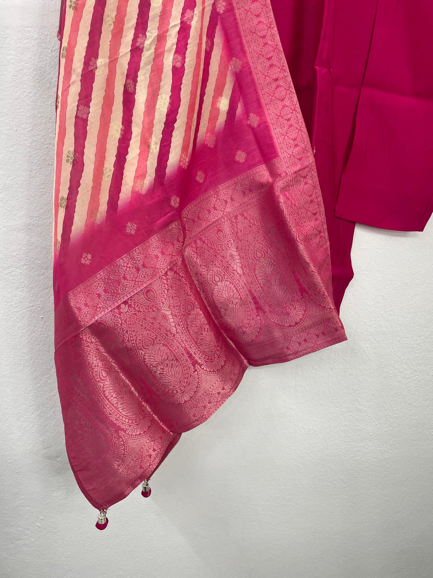 KPD100 Neon Pink Roman Silk Scalop V Neck Heavy Zari Embroidery Partywear Kurti Pant Duppatta
