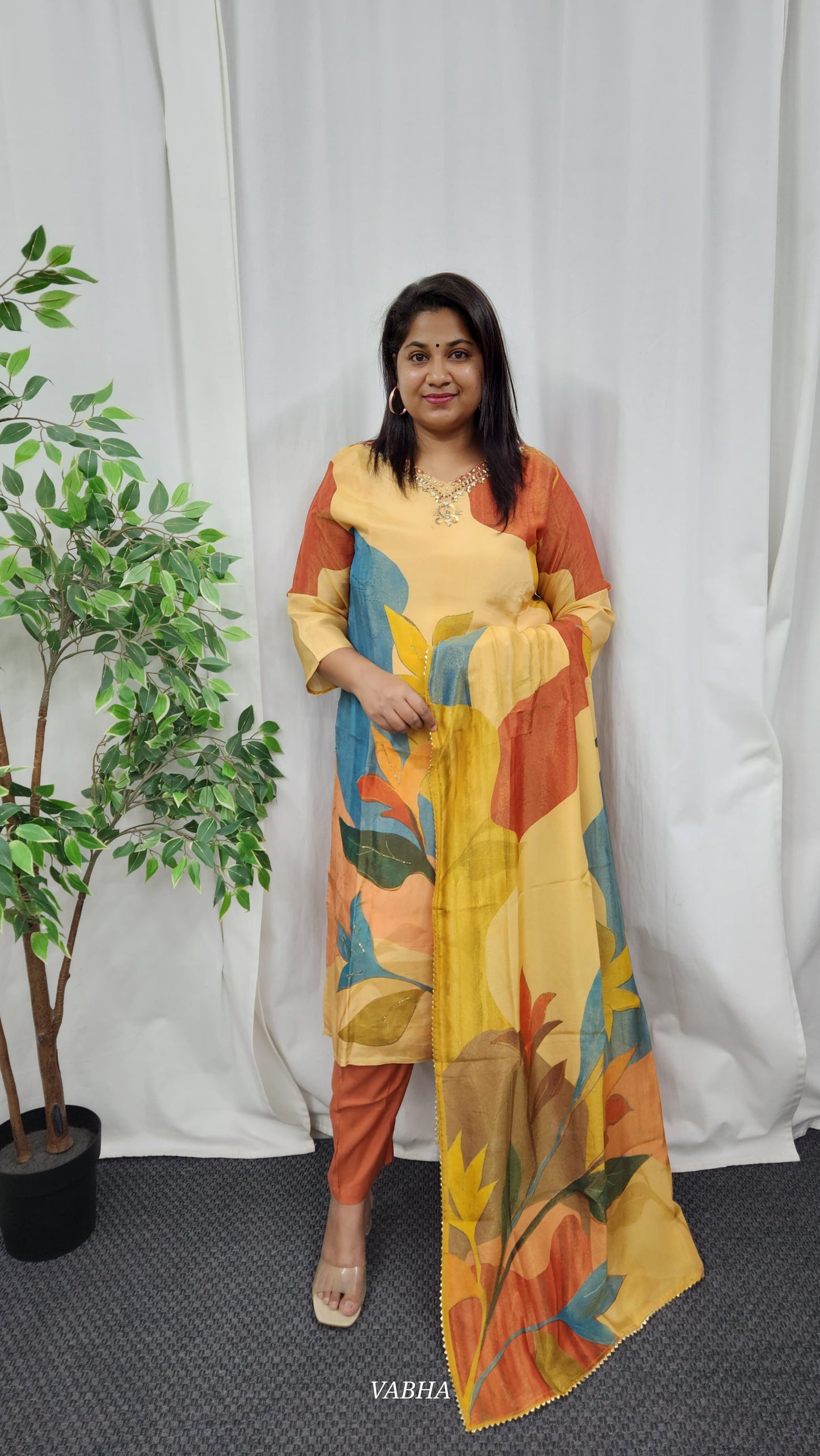 KPD18 Brown Multi Colour Tissue Kurti Pant Dupatta 3 Piece Set