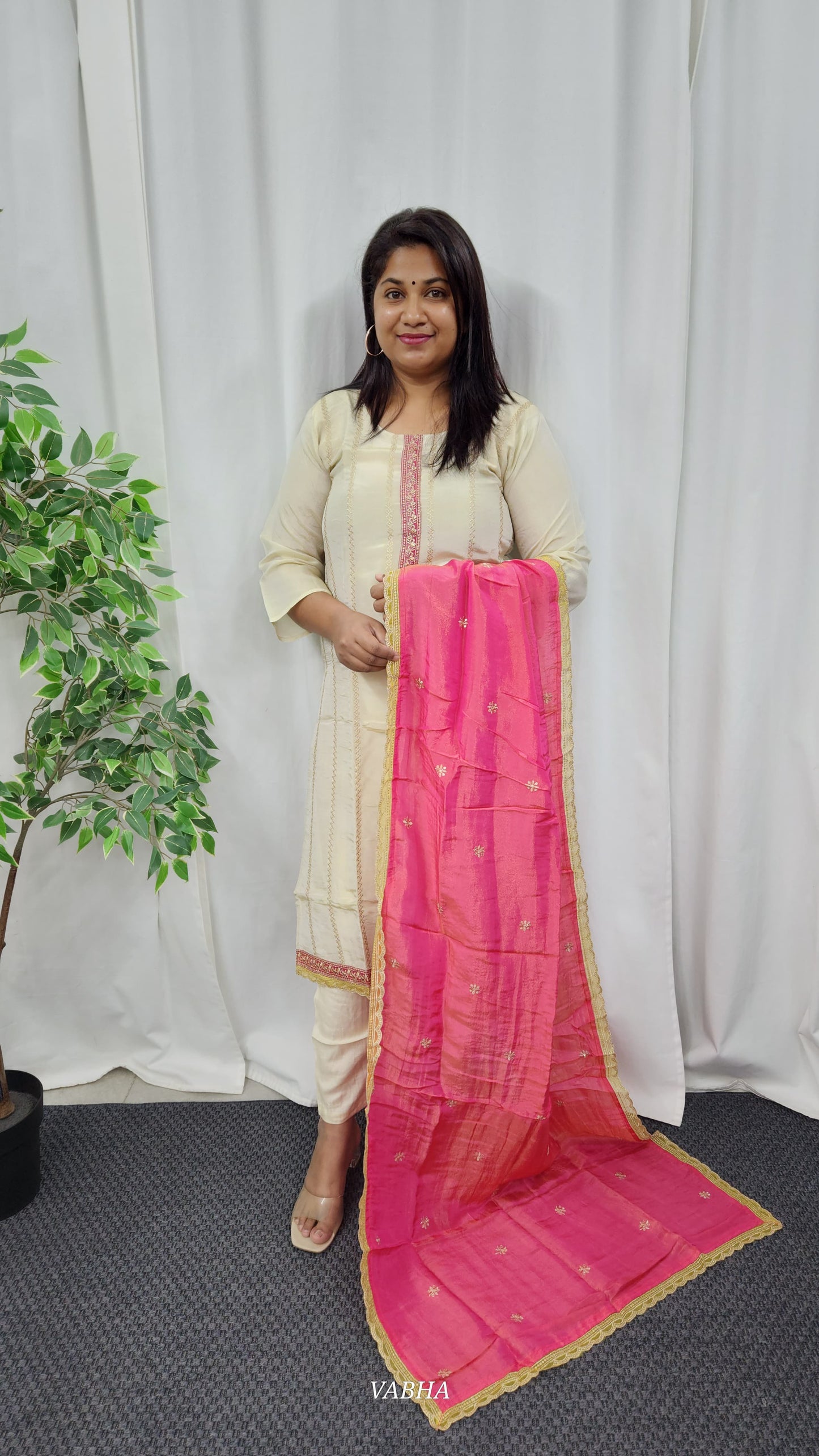KPD11 Cream Pink Tissue Kurti Pant Dupatta
