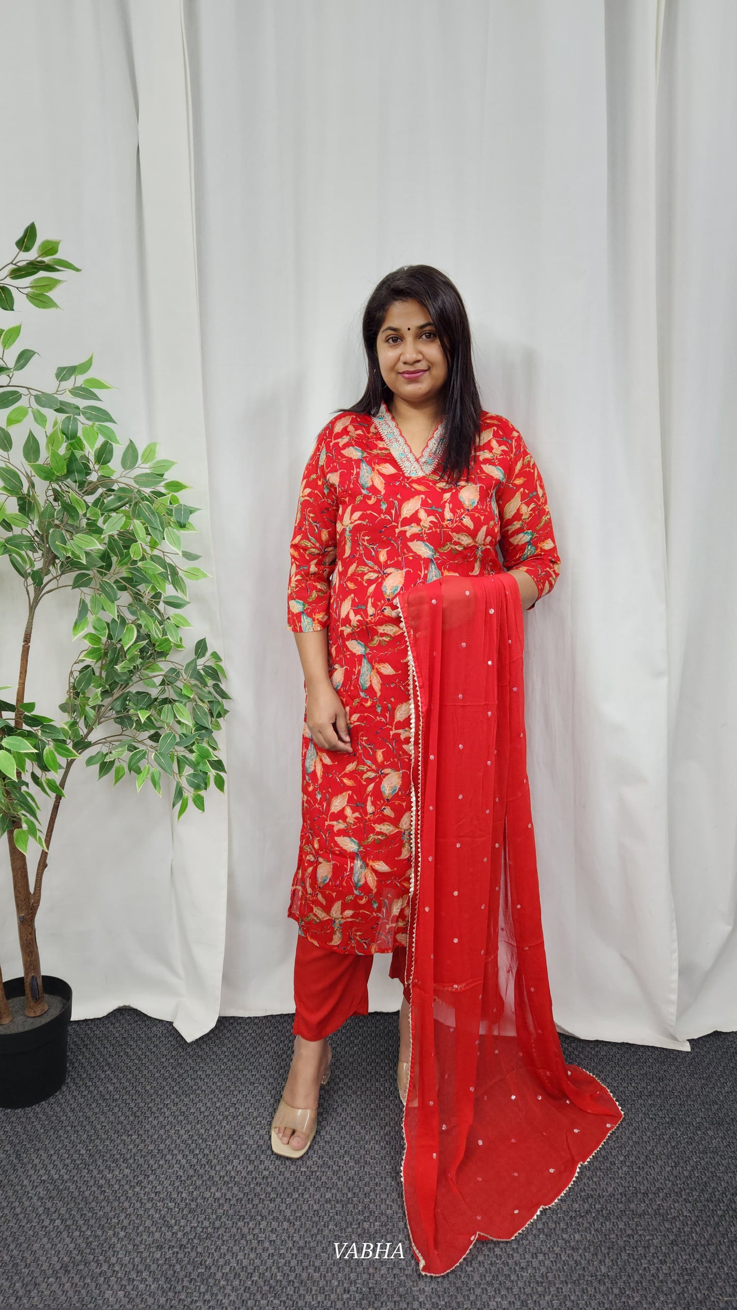 KPD14 Orange Chinon Kurti Pant Dupatta 3 Piece Set