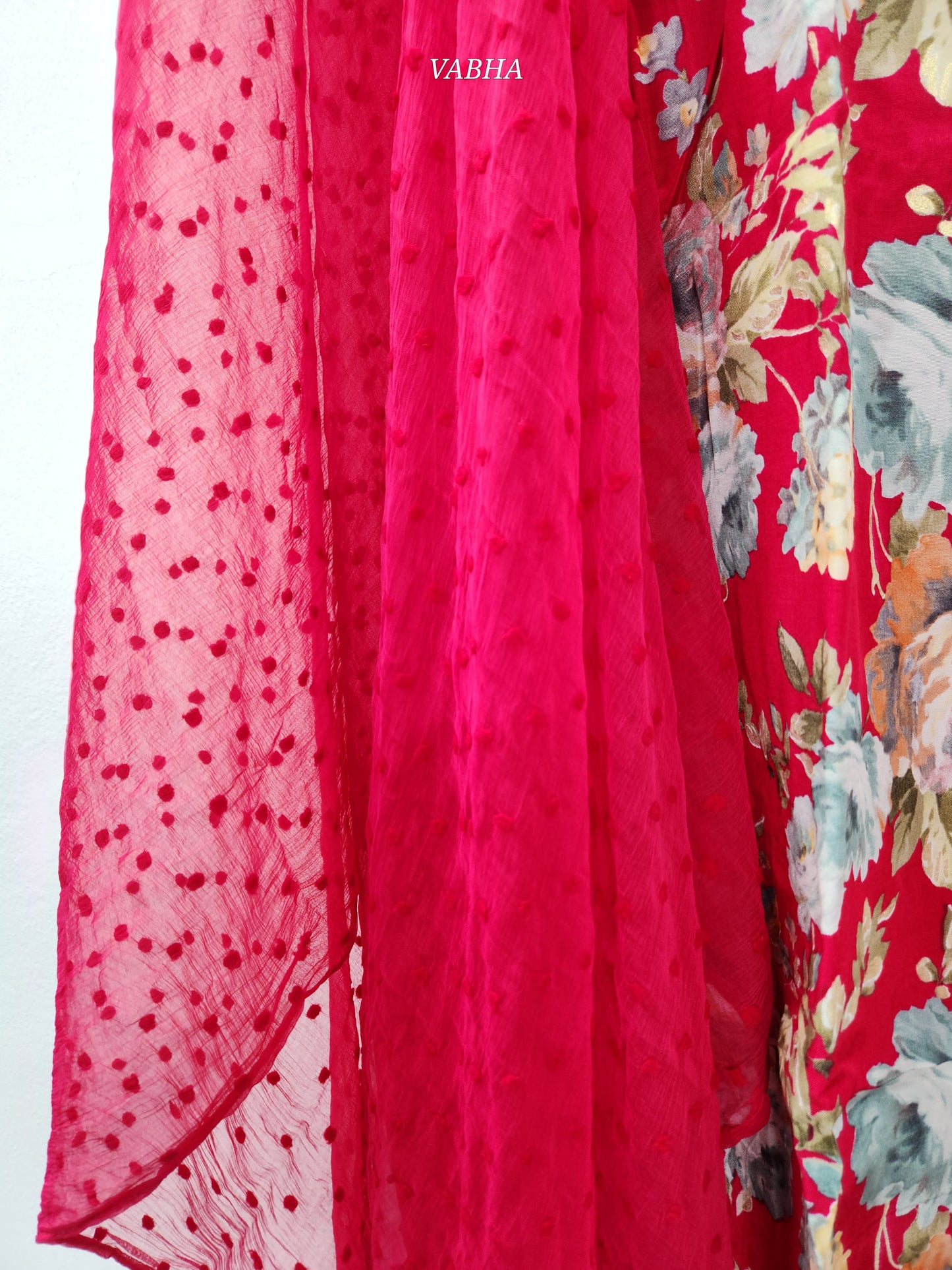 KPD117 Pink Modal Silk With V Neck Thread Embroidery Floral Print Straight Cut Kurti Pant Duppatta