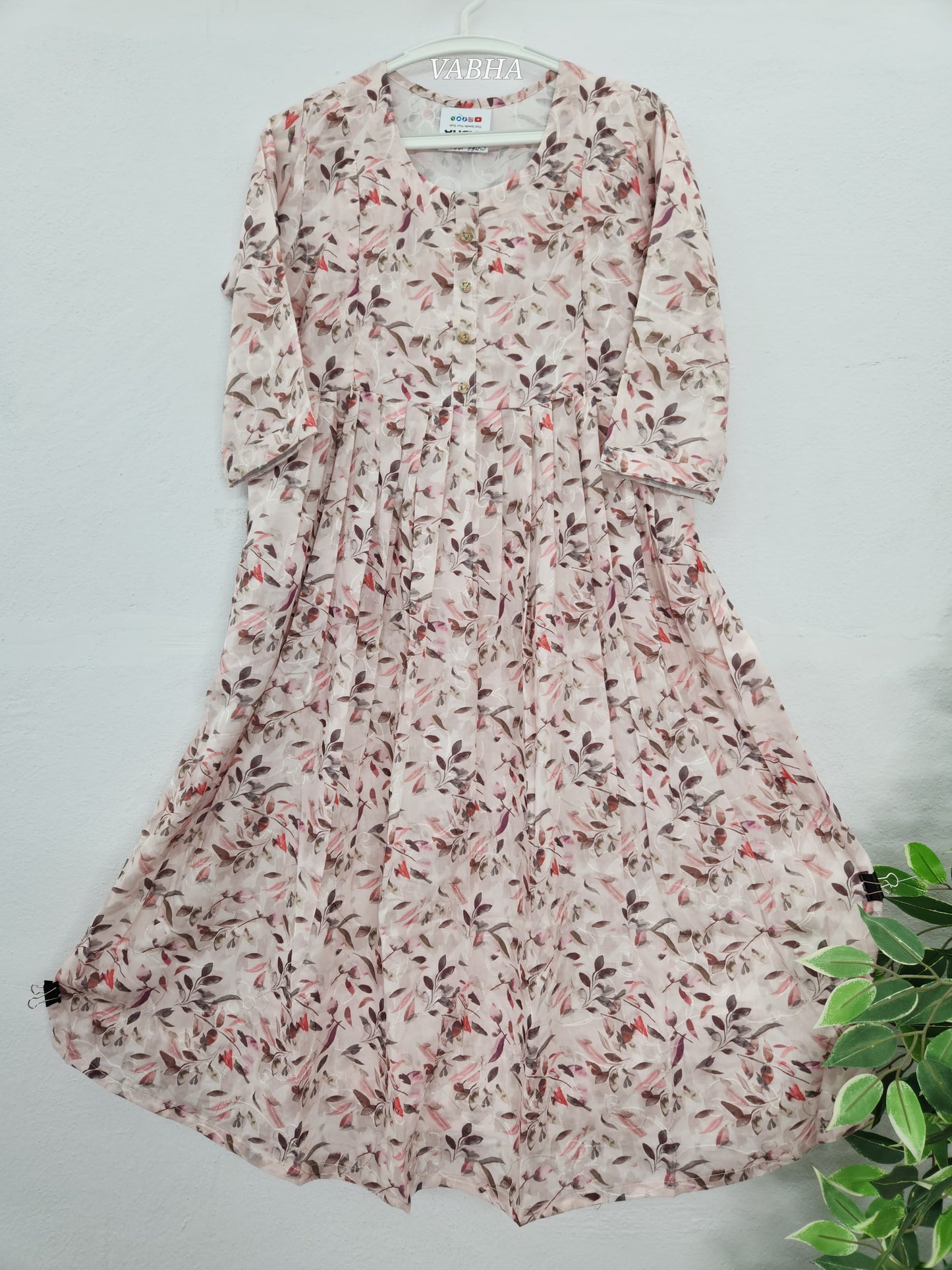 FF01 Light Brown Floral Print Thread Embroidery Rayon Feeding Frock