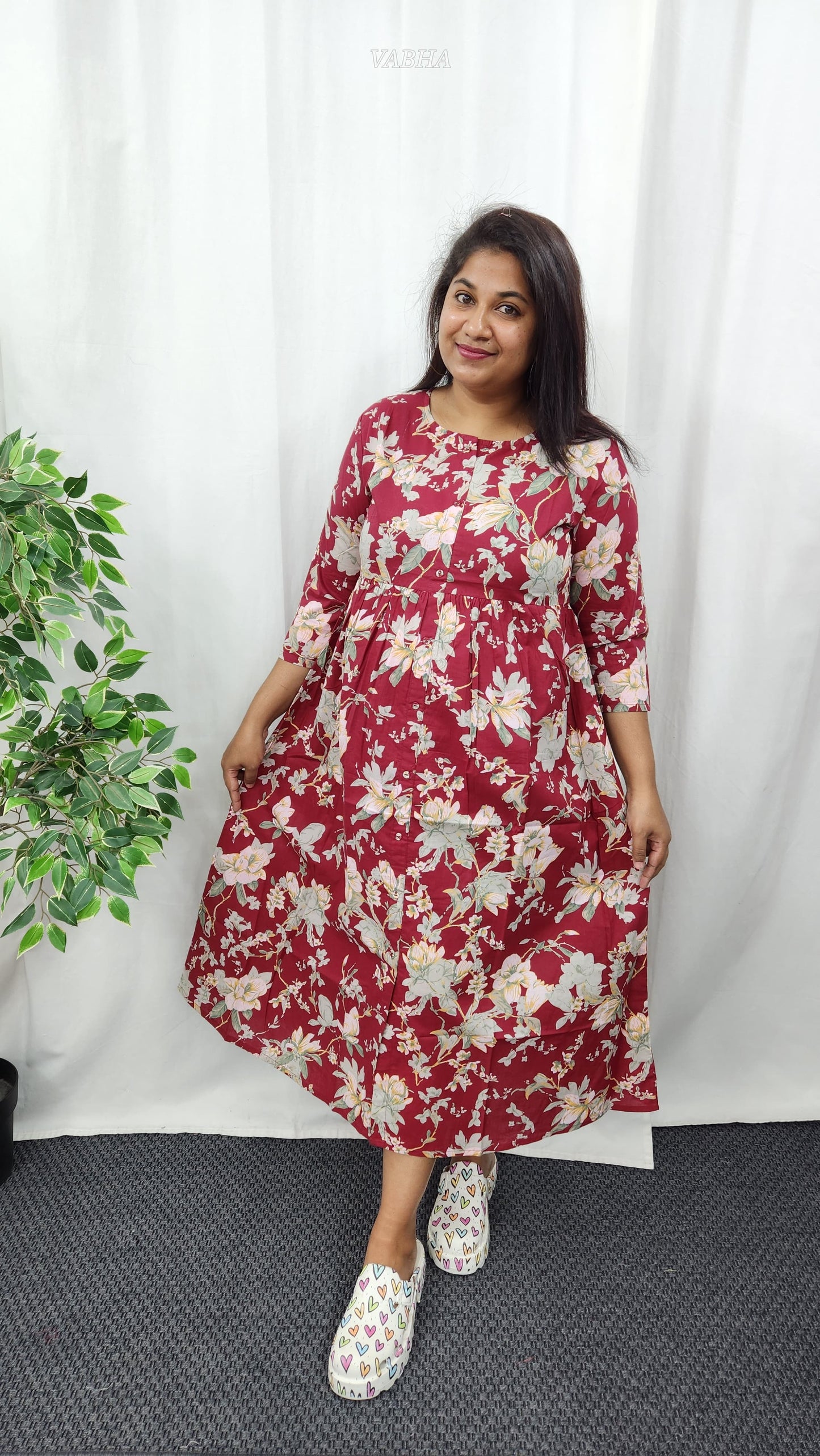 F09 Maroon Floral Cotton Frock