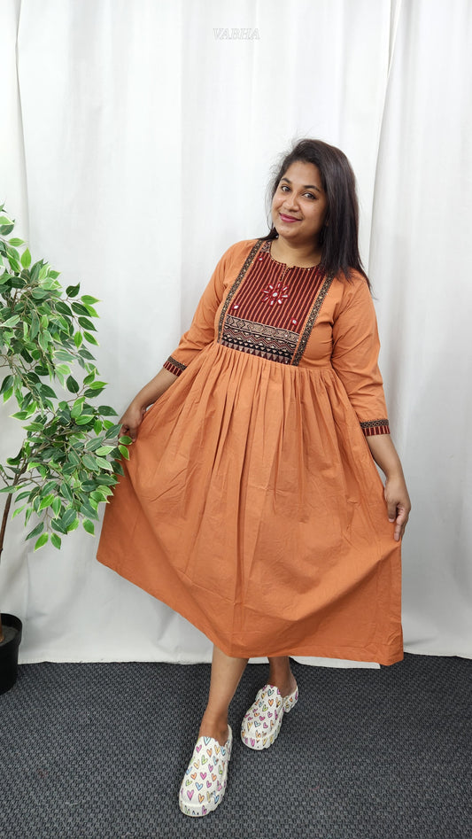 F12 Peach Ajrak Cotton Frock
