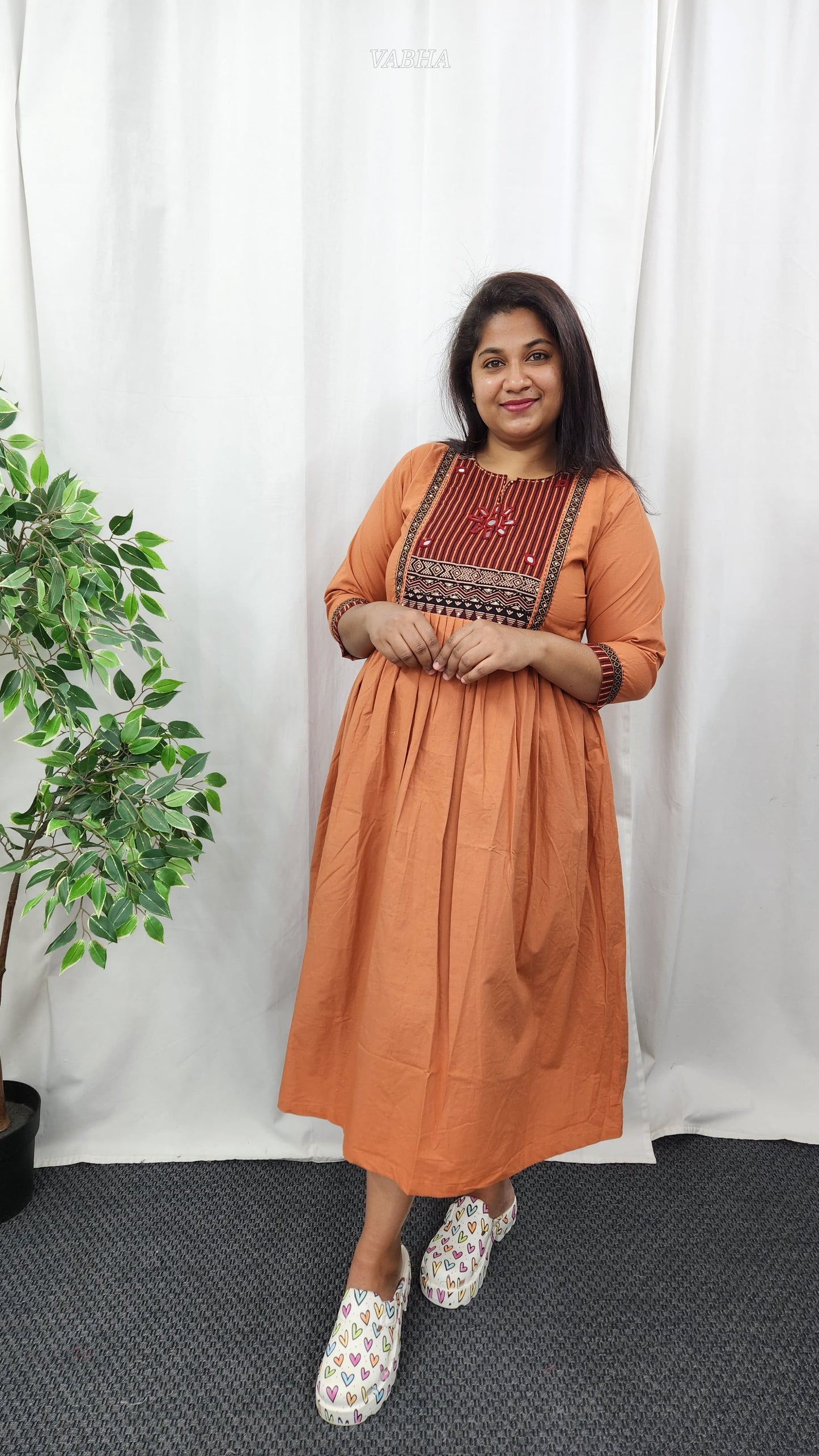 F12 Peach Ajrak Cotton Frock