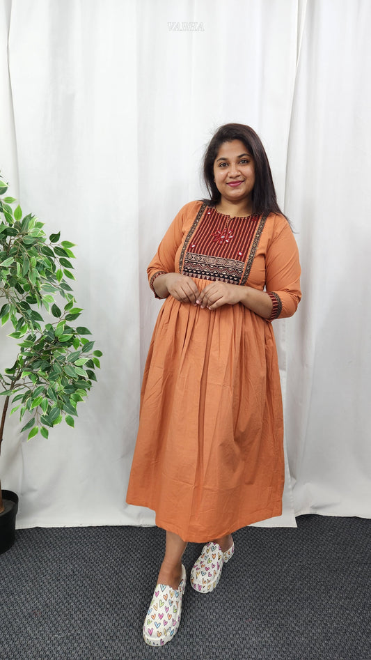 F12 2XL Size Peach Ajrak Cotton Frock