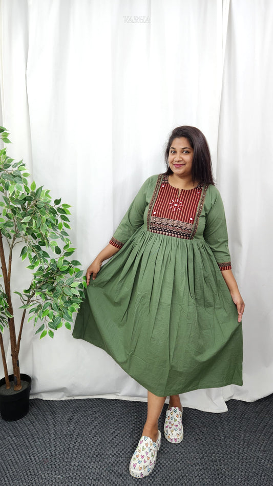 F14 Pista Green Ajrak Cotton Frock