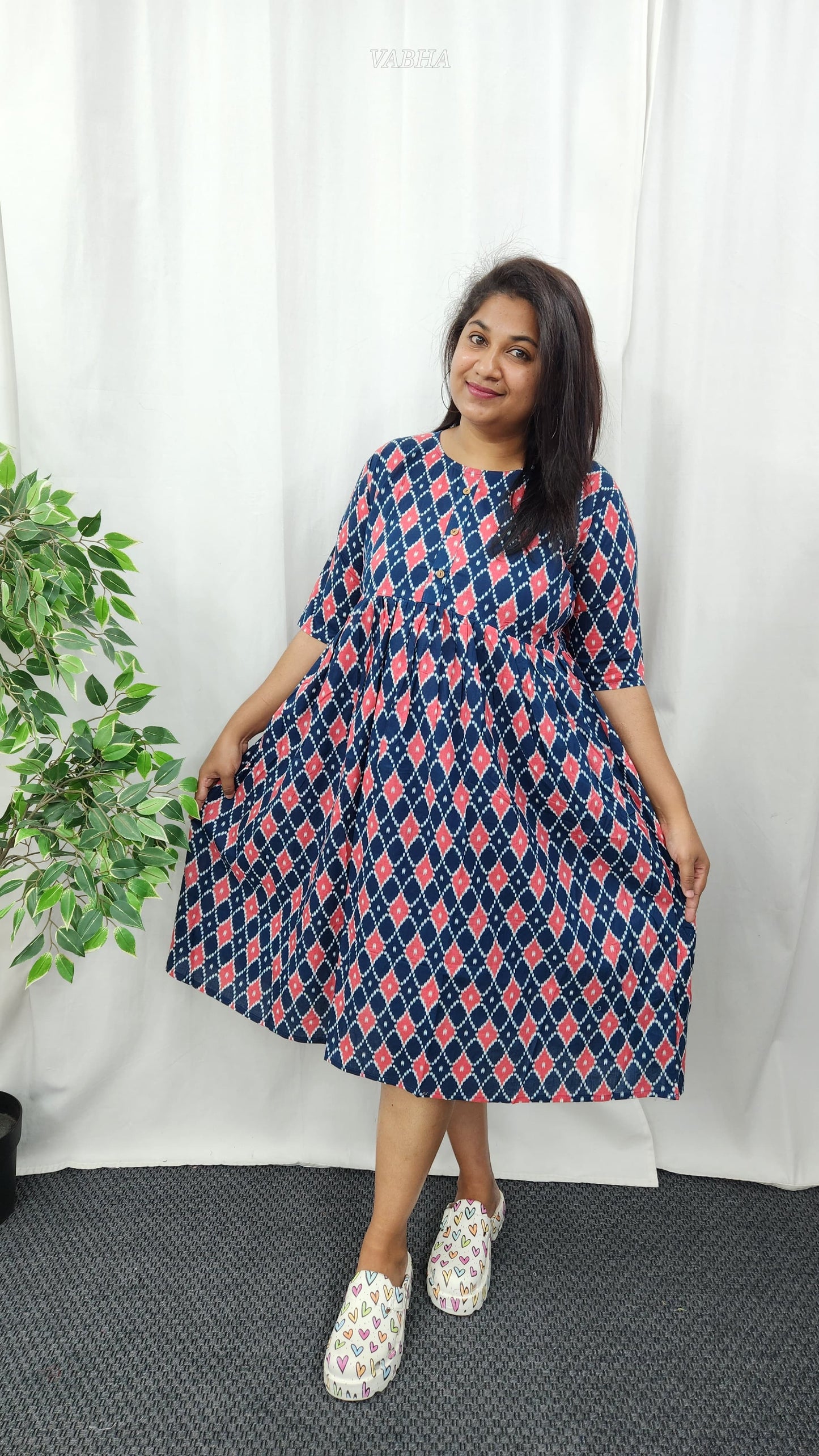 F23 Blue Ikkat Print Cotton Frock