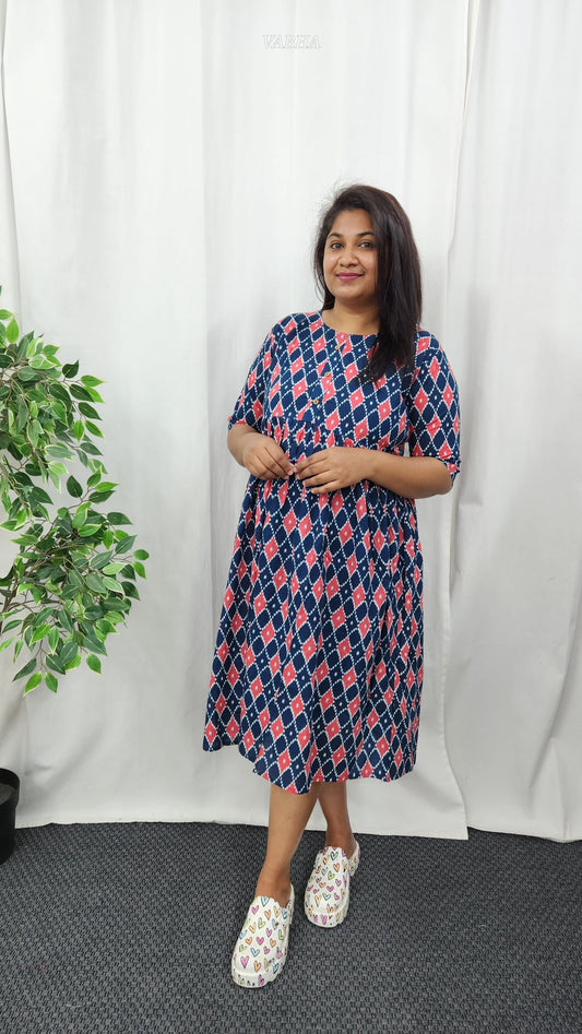 F23 Blue Ikkat Print Cotton Frock