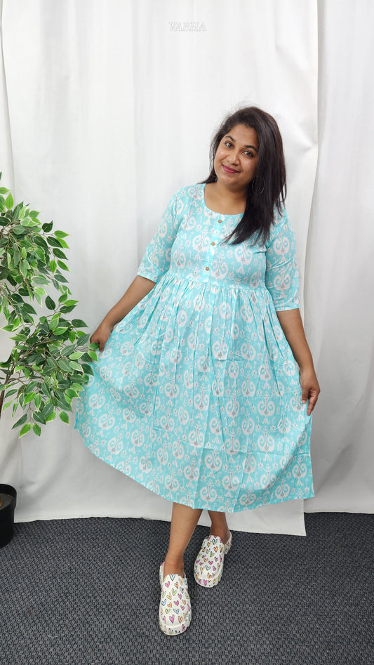 F24 Sky Blue Ikkat Print Cotton Frock