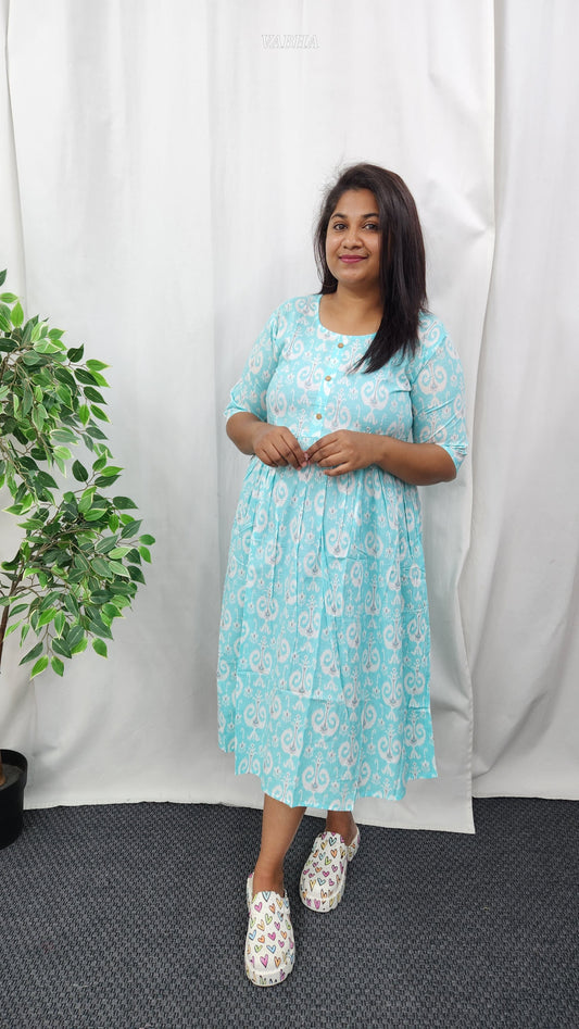 F24 Sky Blue Ikkat Print Cotton Frock